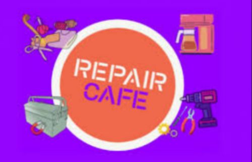 Texto Repair Cafe con dibujos de tijeras y ovillos, cahas de herramientas, taladro y cafetera.
