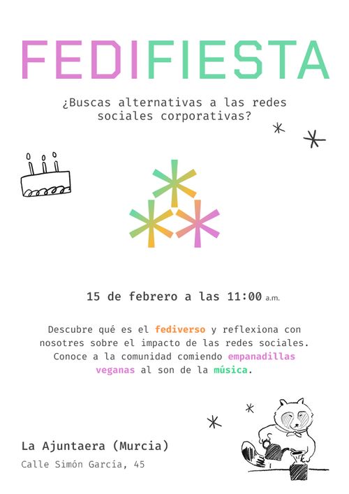 ¿Buscas alternativas a las redes sociales corporativas?
Descubre qué es el fediverso y reflexiona con nosotres sobre el impacto de las redes sociales. Conoce a la comunidad comiendo empanadillas veganas al son de la música. Hay un dibujo de un pastel, el logo de tres asteriscos del fediverso en el centro y de un mapache sirviendo un café.