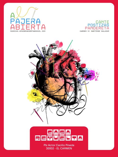 Cartel con la misma información comentada en la descripción. En el centro, un dibujo anatómico de un corazón con manchas de pintura de distintos colores, agujas e hilos y motivos florales