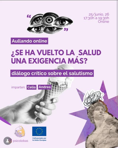 Collage con la misma información que en la descripción. 

Aparecen 3 imagenes en él: una mano sujetando un cono de helado, varios ojos superpuestos y el David de Miguel Ángel con rayajos encima de la cabeza simulando confusión, dudas o ideas pululando. 

Taller a cargo de psicolobas y cofinanciado por la UE.