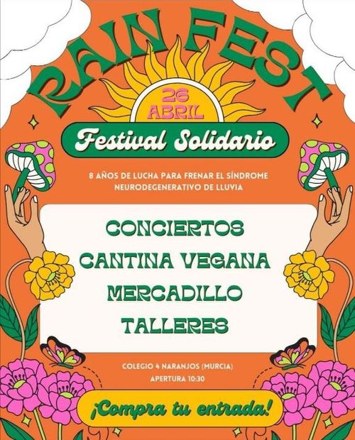 Cartel con la información de la descripción con flores, setas y un sol