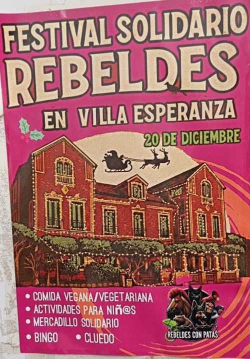 Imagen del edificio de Villa Esperanza con un Papa Noel volando por encima.
Imagen de Rebeldes con Patas con muchos a imales juntos 
El texto es el del toot.